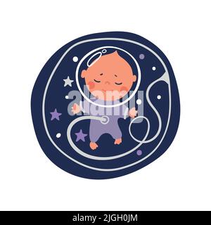 Das ist ein Junge. Baby Astronaut in der Gebärmutter der Mutter, das Konzept der Schwangerschaft, mystische Geburt. Niedliche flache Cartoon-Illustration isoliert auf weiß Stock Vektor