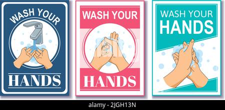 Satz aus drei vertikalen Wasch-Handkarten mit Text und flachen Bildern von ausgewaschenen Händen, Vektorgrafik Stock Vektor