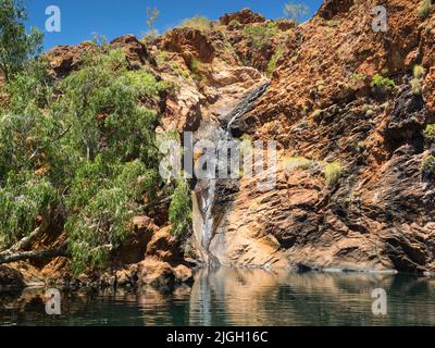 Kleiner Wasserfall in der Trockenzeit und Tauchbecken im Harrys Hole in den Carr Boyd Ranges, East Kimberley Stockfoto
