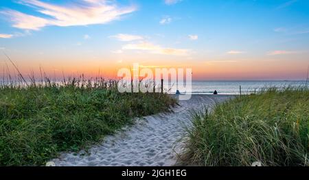 Strand und Grasdünen bei Sonnenaufgang. Stockfoto