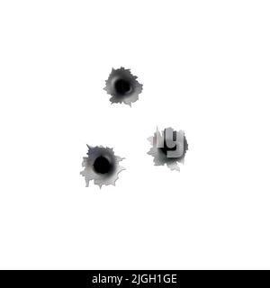 Einschusslöcher von Pistole oder Pistole. Schießen Sie in Metall Einzel-und Doppel-Loch. Beschädigungen und Risse an der Oberfläche. Vektor auf Hintergrund isoliert Stock Vektor