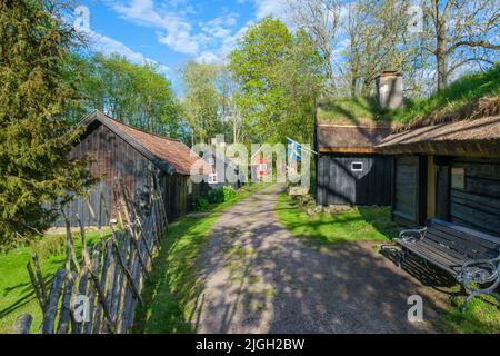 Alte Siedlung mit Blockhaus in Åsle tå in Schweden Stockfoto