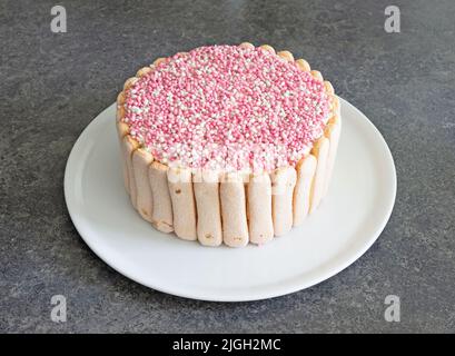 Typischer niederländischer Mausruck mit rosa Mäusen auf einem Kuchen, für die Babydusche Stockfoto