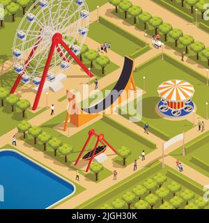 Isometrisches Konzept des Vergnügungsparks mit Riesenrad und Vektordarstellung der Attraktionen Stock Vektor