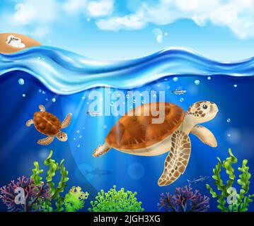 Schildkröte Lebenszyklus realistische Hintergrund mit Baby schlüpfen in Sand juvenile und Erwachsene Schildkröten schwimmen im Meer Vektor-Illustration Stock Vektor