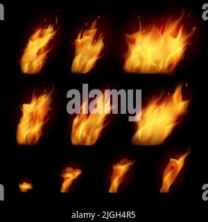 Feuer realistische Reihe von verschiedenen abstrakten Formen von kleinen und großen hellen Flammen auf schwarzem Hintergrund isoliert Vektor-Illustration Stock Vektor