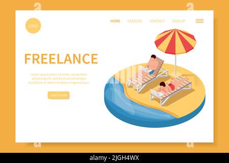 Digitale Nomaden isometrische Website Landing Page mit Menschen arbeiten am Strand editierbare Links Text Schaltflächen Vektor Illustration Stock Vektor