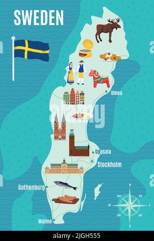 Schweden touristische Karte mit Wahrzeichen und Flaggensymbolen flache Vektorgrafik Stock Vektor