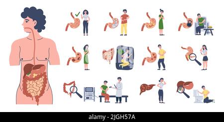 Magenerkrankungen mit flachen isolierten Symbolen von geschädigtem Magen mit Zeichen von Patienten und Ärzten Vektor-Illustration gesetzt Stock Vektor