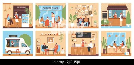 Café-Bar mit acht isolierten Kompositionen mit Innen- und Außenansichten von Cafeterien und People-Vektorgrafik Stock Vektor
