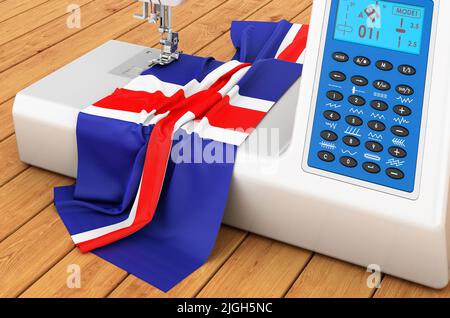 Moderne Nähmaschine mit isländischer Flagge auf dem Holztisch. 3D Rendern Stockfoto