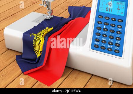 Moderne Nähmaschine mit Liechtensteiner Flagge auf dem Holztisch. 3D Rendern Stockfoto