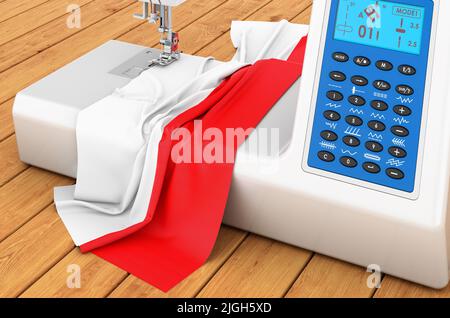 Moderne Nähmaschine mit polnischer Flagge auf dem Holztisch. 3D Rendern Stockfoto