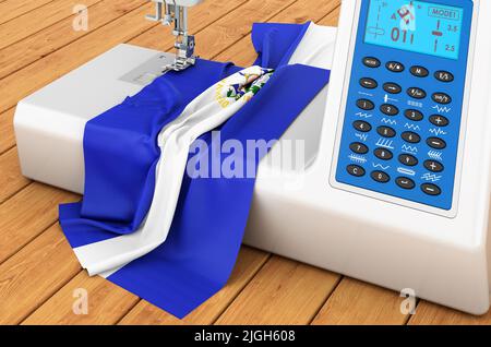 Moderne Nähmaschine mit salvadorianischem Banner auf dem Holztisch. 3D Rendern Stockfoto