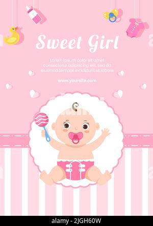 Baby Dusche Little Girl Flyer Vorlage Flache Cartoon Hintergrund Vektor Illustration Stock Vektor