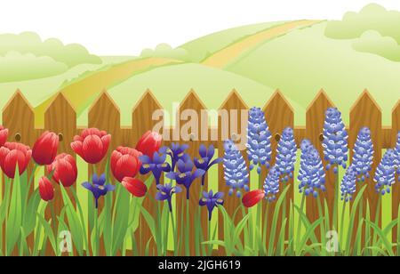 Frühling Blumen flache Komposition mit Outdoor-Vorstadtlandschaft und bunten Blumen vor Holzzaun Vektor-Illustration Stock Vektor