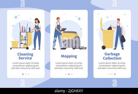 Heim und Industrie professionelle Reinigung Service App Design flaches Banner mit männlichen und weiblichen Arbeitern isoliert Vektor-Illustration Stock Vektor
