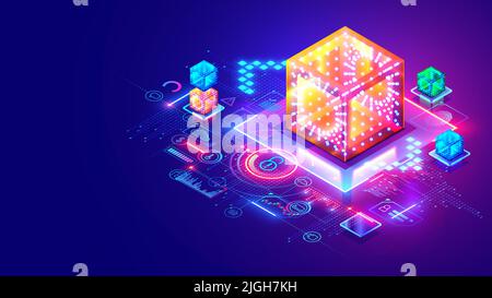 Blockchain-Technologie isometrisches konzeptuelles Banner. Digitaler Blockchain-Tech-Hintergrund. Kryptowährung Mining und Sicherheit Internet-Speicher. Daten sind Stock Vektor