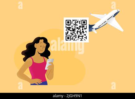 Junge Frau, die auf den Smartphone-Bildschirm schaut und das Handy in der Hand hält, mit qr-Code und Flugzeug auf dem Hintergrund-Vektor. Konzept des digitalen Sanitärpasses. Stock Vektor