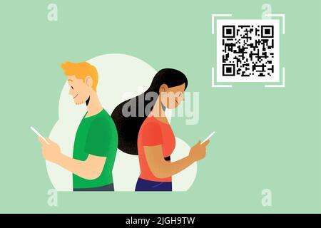 Junge Frau und junger Mann mit Smartphone und Blick auf den Bildschirm mit qr-Code-Vorlage Stock Vektor