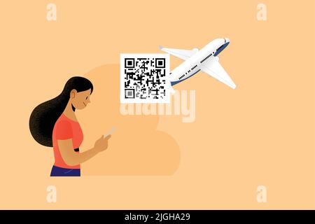 Junge Frau schaut auf Smartphone-Bildschirm mit qr-Code und Flugzeug im Hintergrund Vektor. Konzept von digitalem Pass, Reisegenehmigung und Impfung Stock Vektor
