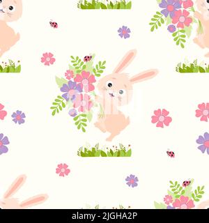Nahtloses Kaninchenmuster. Niedliches Kaninchen mit Blumenstrauß und Marienkäfer auf weißem Hintergrund mit Blumen und Gras. Vektor-Illustration mit Sommer glücklich Hase fo Stock Vektor