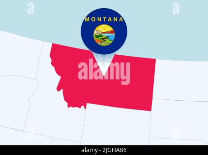 USA mit ausgewählter Montana-Karte und Montana-Flaggensymbol. Vektorkarte und Flagge. Stock Vektor