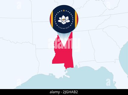 Vereinigte Staaten mit ausgewählter Mississippi-Karte und Mississippi-Flaggensymbol. Vektorkarte und Flagge. Stock Vektor