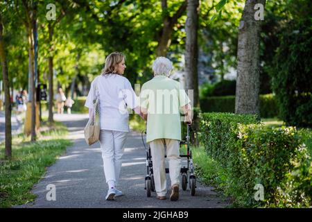 Rückansicht des Betreuers mit einer älteren Frau auf einem Spaziergang im Park mit Einkaufstasche. Stockfoto