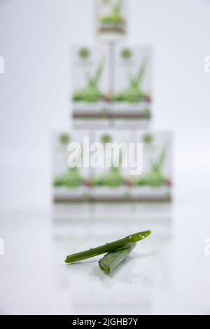 Aloe Vera im Fokus mit gestapelten Boxen im Hintergrund für ein Produkt-Fotoshooting. Creme für frische Haut. Hochwertige Fotos Stockfoto