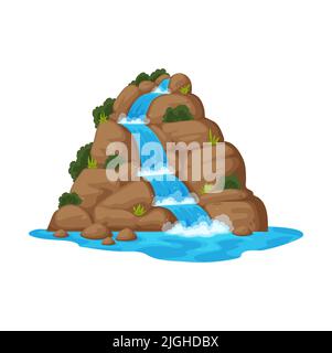 Cartoon Klippe mit Wasserfallfluss, Berg- und Waldlandschaft, grüne Büsche. Vektor Wasserfall natürliche Landschaft, Spiel Asset Web-Design Stock Vektor
