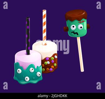 Halloween Marshallow Vektor-Design von Horror Urlaub Trick oder behandeln Partei süßes Essen. Cartoon marmelow oder Zucker Süßigkeiten in Form von Zombie-Monster Kopf auf Stick mit Schokolade und Augapfel bestreut Stock Vektor