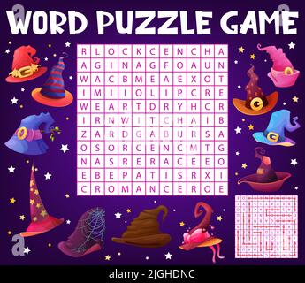 Halloween-Zauberer und Hexe Hüte Wort Suche Puzzle Spiel Arbeitsblatt, Kinder Quiz Gitter. Vector Kreuzworträtsel mit Hexenmeister, Zauberer, Zauberer und Magier, Zauberer, Totenbeschwörer oder Charmer und exorzistischer Kopfbedeckung Stock Vektor