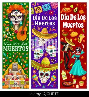 Mexikanische Tag der Toten oder Dia de los Muertos Urlaub Persönlichkeiten und Essen. Vektorbanner mit Catrina, Calavera-Zuckerschädeln, Mariachi- und Tänzerskeletten, Ringelblumen, Papel-picado-Fahnen, Altar Stock Vektor