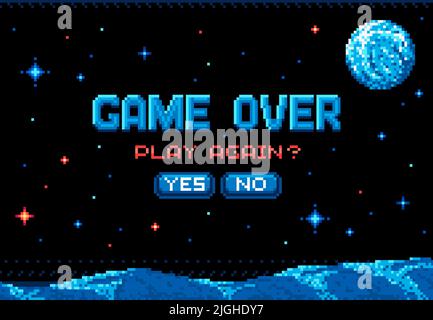 Pixel-Spiel über dem Bildschirm, Raum Planetenoberfläche in Sternengalaxie, Vektor-Video-Arcade-Poster. B Bit Retro Pixel Spiel über Hintergrund-Bildschirm mit spielen wieder Auswahlknöpfe, Computer-Video-Spiel 8bit Kunst Stock Vektor