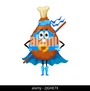 Cartoon Huhn Bein Superhelden Charakter. Fastfood Café oder Restaurant Fleisch Mahlzeit Maskottchen, Verteidiger glückliche Persönlichkeit. Komischer Vektor-Charakter mit Hühnerbein in Superhelden-Maske und Umhang, bewaffnet mit Stab Stock Vektor
