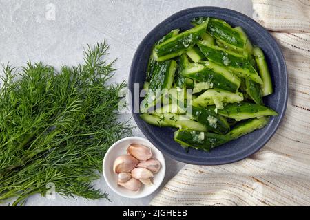 Zerschlagen leicht gesalzene, gebrochene Gurken in einer Keramikschale mit Knoblauch, Dill und Küchenhandtuch-Serviette. Draufsicht mit Kopierbereich Stockfoto