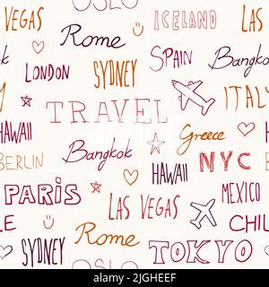 Reisehintergrund. Städtenamen und Reiseziele. Word Text Doodle nahtlose bunte Muster. Stock Vektor