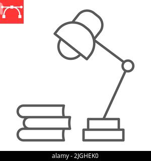 Tischlampe mit Bücher Linie Symbol, Schule und Bildung, Stapel von Büchern und Lampe Vektor-Symbol, Vektorgrafiken, editierbare Kontur Umriss Zeichen, eps 10. Stock Vektor