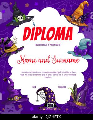 Halloween Kinder Diplom, Spinnennetz, Hexe und Zauberer Hüte, Vektor Bildung Zertifikat Auszeichnung. Kindergarten Wertschätzung Diplom mit lustigen Halloween Cartoon Ghouls und Hüte mit Schädel und Spinne Stock Vektor
