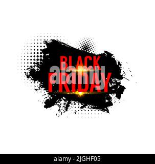 Black friday Sale Vektor Banner oder Wochenende Shop Angebot Tag. Sonderrabatt oder Sonderangebote Promo Poster auf dem Hintergrund der schwarzen Pinsel Striche und Halbton Blobs Muster mit goldenen Funken Stock Vektor