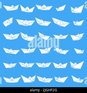 Satz von Vektorgrafiken von Papierbooten-Symbolen. Silhouette einfache Handwerk Papier Boot isoliert auf blauem Hintergrund. Symbol für Reisen und Meer. Stock Vektor