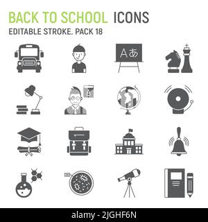 Schule Glyphen Icon Set, Bildung Sammlung, Vektorgrafiken, Logo-Illustrationen, Back-to-School-Vektor-Symbole, Bildung Zeichen, solide Piktogramme, editierbare Kontur Stock Vektor