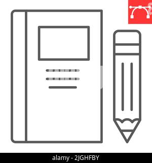 Notizbuch und Bleistiftlinien-Symbol, Schule und Bildung, Buch- und Bleistiftvektorsymbol, Vektorgrafiken, bearbeitbares Strichumrisszeichen, eps 10. Stock Vektor