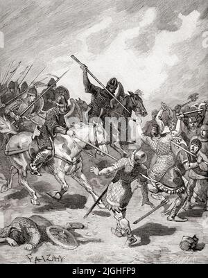 Die Schlacht von Hastings, 14. Oktober 1066, kämpfte zwischen der normannisch-französischen Armee von William, dem Herzog der Normandie, und einer englischen Armee unter dem angelsächsischen König Harold Godwinson, Beginn der normannischen Eroberung Englands. Aus Histoire de France, veröffentlicht 1855. Stockfoto