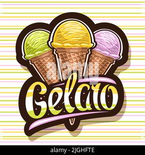 Vektor-Logo für italienisches Gelato, schwarzes Schild für Kindercafe mit Darstellung von dreifach verschiedenen leckeren Eiscremes in Schokoladenwaffelkegel, einzigartig Stock Vektor