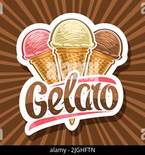 Vector Logo für italienisches Gelato, geschnittenes Papier Schild für Kindercafe mit Illustration von dreifach verschiedenen Eiscremes in Waffelkegel, einzigartiger Schriftzug Stock Vektor