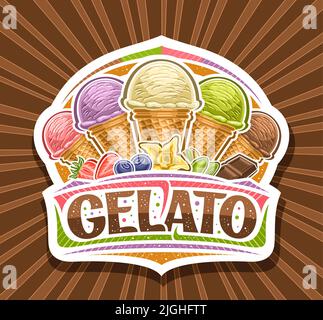 Vektor-Logo für italienisches Gelato, Schneide-Papier-Schild für Kindercafé mit Darstellung von fünf verschiedenen Eiscremes in Waffelkegel und einzigartigem Schriftzug Stock Vektor