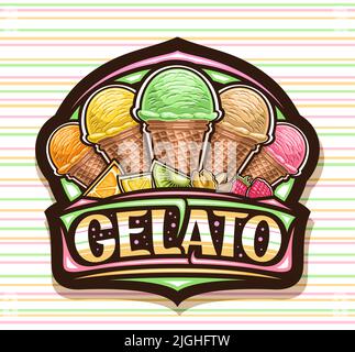 Vektor-Logo für italienisches Gelato, schwarzes Schild für Kindercafé mit Darstellung von 5 verschiedenen erfrischenden Eiscreme in braunem Waffelkegel, einzigartiges bru Stock Vektor