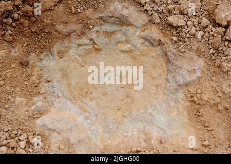 ZHANGJIAKOU, CHINA - 11. JULI 2022 - Fossile Dinosaurier-Fußabdrücke werden im Dorf Lishi, Stadt Guocun, Bezirk Xuanhua, Stadt Zhangjiakou, Hebei Prov Stockfoto